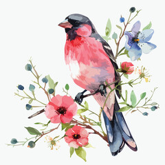 Finch Floral Hand-drawn Watercolor Illustration Isolated