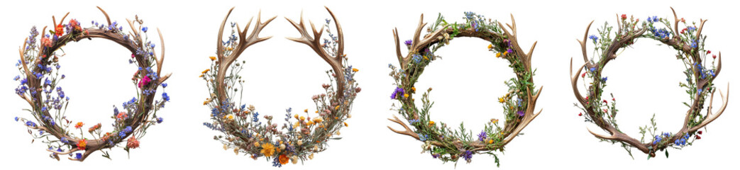 Decorative wreaths made of flowers and antlers for rustic home decor transparent background