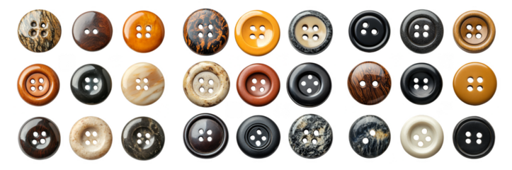 Wooden buttons in assorted colors and textures for sewing and craft projects transparent background