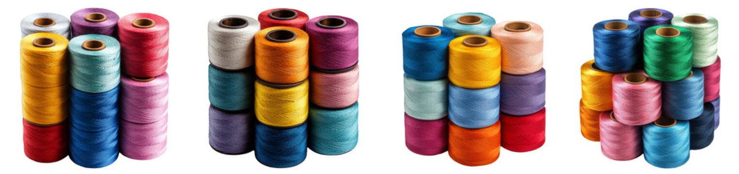 Multicolored thread spools used in textile and sewing crafts industry transparent background