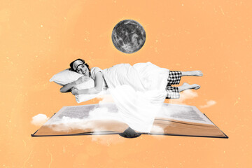 Composite photo collage of happy girl lay air pillow cover blanket moon night student exam book...