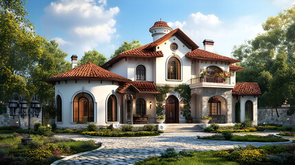 Obraz premium A perfect neighborhood. Houses in suburb at Summer in the north,church in the evening 