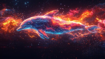 Semiabstract dolphin with neon ripples trailing its movement through the ocean symbolizing intelligence and playfulness