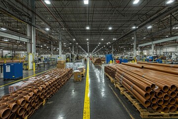 Stacks of Brown Pipes in a Large Warehouse
