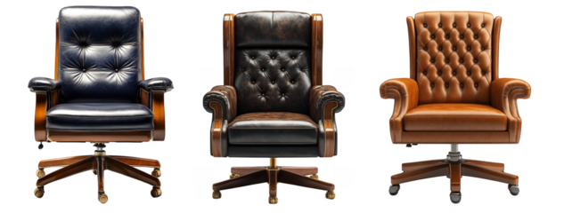 Luxury leather office chairs with cushioned seats and tufted backs ergonomic design transparent background
