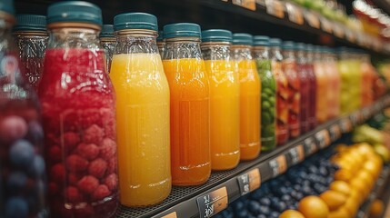 An Extensive Collection of Fresh Organic Juices Available in a Supermarket for Healthy Living and Delicious Taste