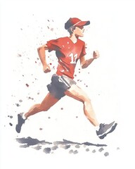 An energetic runner in a red jersey, showcasing athleticism and determination in a watercolor style. Perfect for sports themes.