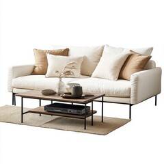 A modern living room setup featuring a white sofa with cushions and a coffee table.