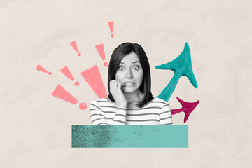 Composite photo collage of astonished scared girl arrow point up promotion concept exclamation mark promotion isolated on painted background