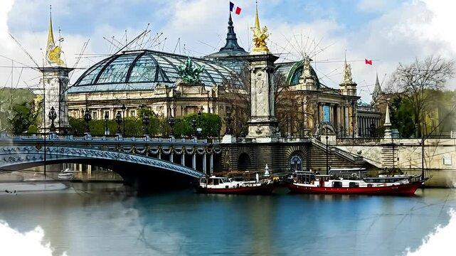 Animation of a a vintage sketch of the Grand Palais seen from the Alexander the third bridge in Paris