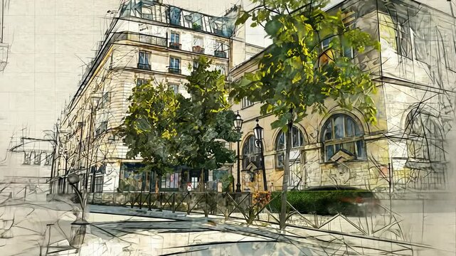 Animation of a vintage sketch of a typical Parisian street corner in le Marais