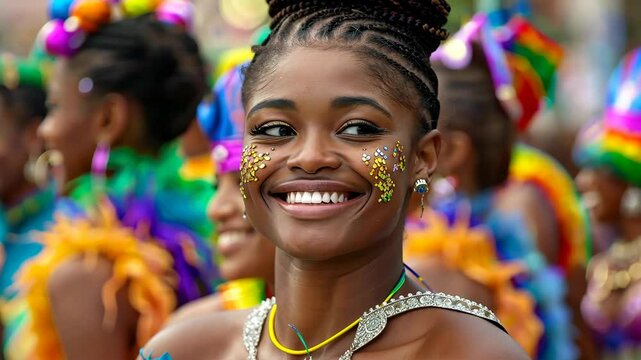 Vibrant Mardi Gras image featuring a woman at the carnival holding a festive sign on Shrove Thursday.