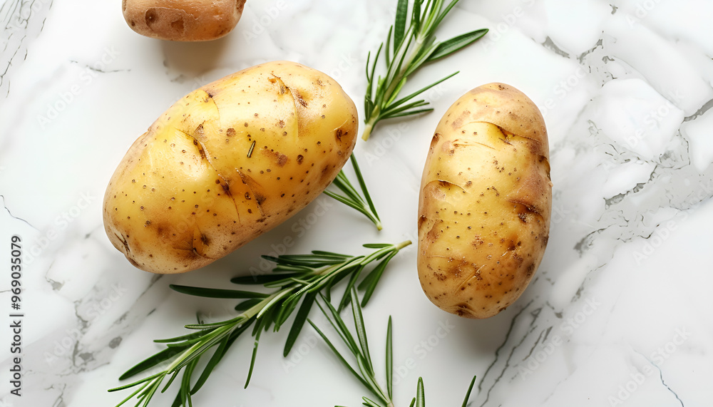 Sticker Tasty baked potato and aromatic rosemary on white marble table, flat lay