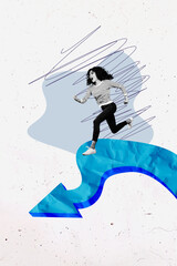 Creative abstract template collage of funny running female arrow way path unusual fantasy billboard comics
