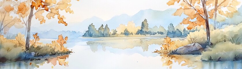 Serene watercolor landscape featuring a tranquil lake, autumn trees, and soft mountains in the background. Perfect for nature lovers.