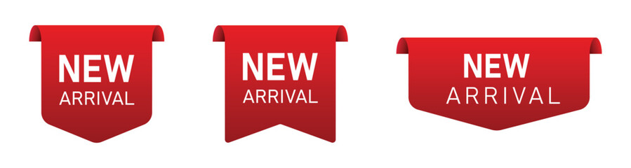 new arrival tag sticker set. red label for new product. transparent png and vector illustration.