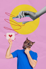 Composite trend artwork sketch collage of pink background man headless leopard hold notification...