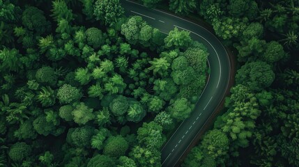 Serpentine Road Winding Through a Dense Forest Captured from an Aerial Perspective