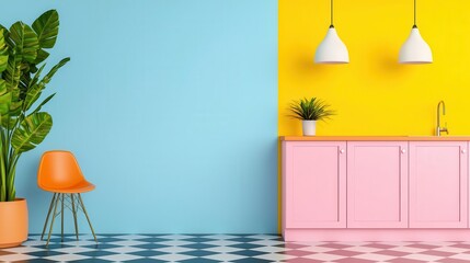 A colorful kitchen with vibrant pink cabinets, lime green bar stools, and a bold geometric backsplash, Illustration, High-energy design