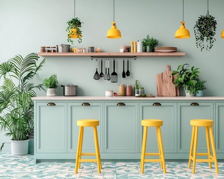 A playful kitchen with pastel blue cabinets, yellow stools, and vibrant patterned tile flooring, surrounded by fun, eclectic decor, Photorealistic, Bright and lively