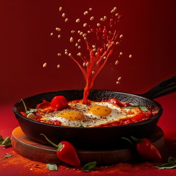 240807 202. An epic stylized advertise photo of Shakshuka bursting energetically from a cast iron pan, along with bell peppers with cumin seeds floating up, set against a paprika red background