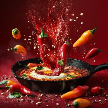 240807 202. An epic stylized advertise photo of Shakshuka bursting energetically from a cast iron pan, along with bell peppers with cumin seeds floating up, set against a paprika red background