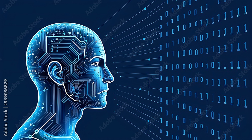 Poster futuristic digital illustration of a human head in profile, featuring intricate circuit patterns and