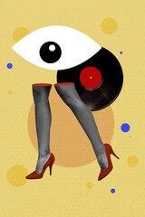 Vertical collage young sexy woman legs walk go step high heels eye watch stare face fragment...