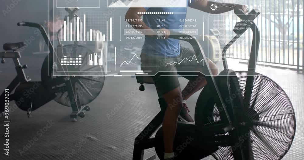 Aufkleber animation of data processing and diagrams over biracial man exercising with elliptical bikes at gym