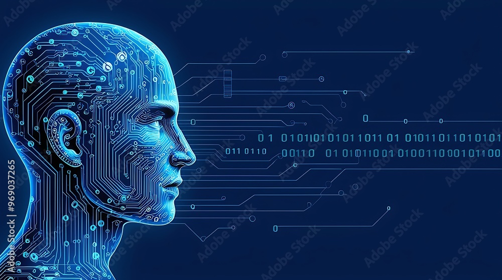 Poster futuristic digital illustration of a human head in profile, featuring intricate circuit patterns and