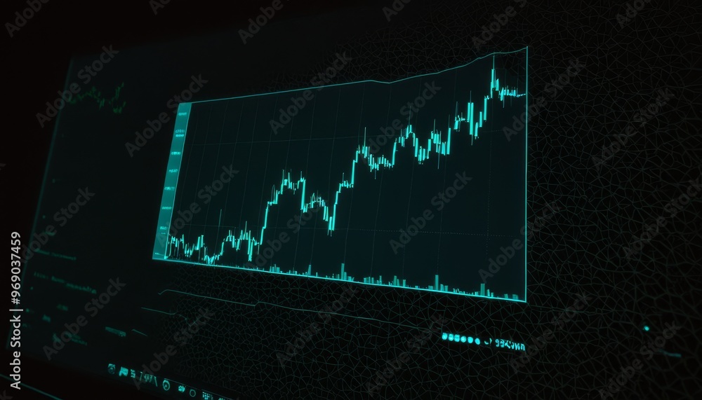 Poster a high-tech financial chart displayed on a digital screen, set against a dark, futuristic background