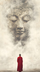 Obraz premium A serene scene where a monk in a vivid red robe stands with their back to the viewer, gazing up at a colossal, ethereal Buddha face that seems to form out of mist and smoke