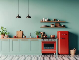 A retro-inspired kitchen with vibrant red appliances, green cabinets, and a patterned floor, paired with vintage-style furniture, Digital Art, Bold colors