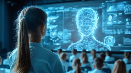 Futuristic AI-powered smart classrooms where lessons adapt to students needs: AI-driven education platforms in classrooms creating individualized lesson plans and adjusting teaching methods.