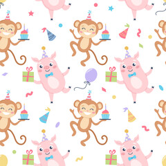 Children birthday pattern. Cute monkey and pig with party hat. Vector illustration template