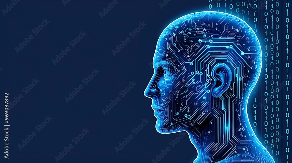 Poster futuristic digital illustration of a human head in profile, featuring intricate circuit patterns and