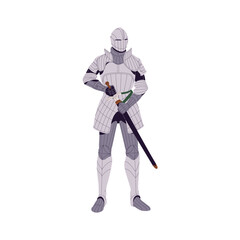 Ancient warrior of Spain army in helmet. Medieval Spanish knight in metal armour holds sword in hands. Historical soldier in steel armor with weapon. Flat isolated vector illustration on white
