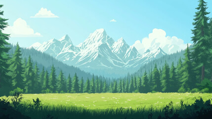 Fototapeta premium Forest distant view, front view, mountains and vast sky, trees, winter landscape