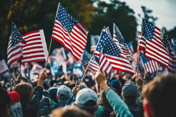 People waving USA flags in a large crowd at a rally. High quality photo.