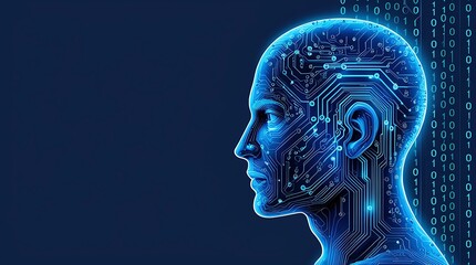 Futuristic digital illustration of a human head in profile, featuring intricate circuit patterns and glowing blue lines, with binary code suggesting data flow against a deep blue background.