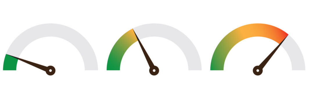 Speedometer icon, fuel meter icon vector set on white background. Risk meter icon set design.  Low, Medium or High risk on speedometer. Set of gauges from low to high. Vector illustration