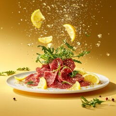240807 229. An epic stylized advertise photo of Beef carpaccio bursting energetically from a white porcelain platter, along with lemon wedges and arugula leaves floating up, set against a champagne