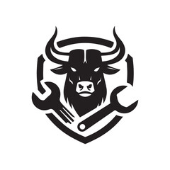 simple Bull Shield Mechanic Logo Silhouette Illustration logo design template black and white