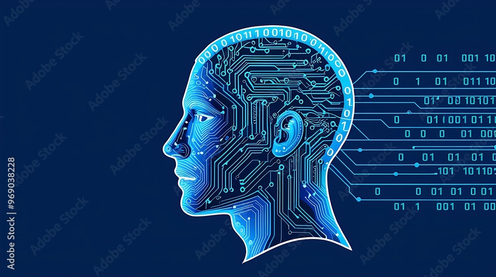 Poster futuristic digital illustration of a human head in profile, featuring intricate circuit patterns and