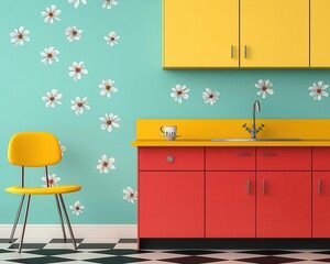 A retro kitchen with bold red cabinets, yellow countertops, and vintage floral wallpaper,...