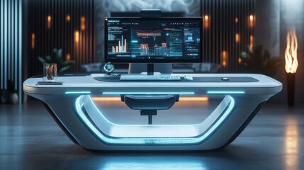 Futuristic AI-powered smart desks adapting workspace setup based on tasks and posture