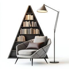 A modern reading nook featuring a cozy chair, a stylish lamp, and a unique bookshelf.