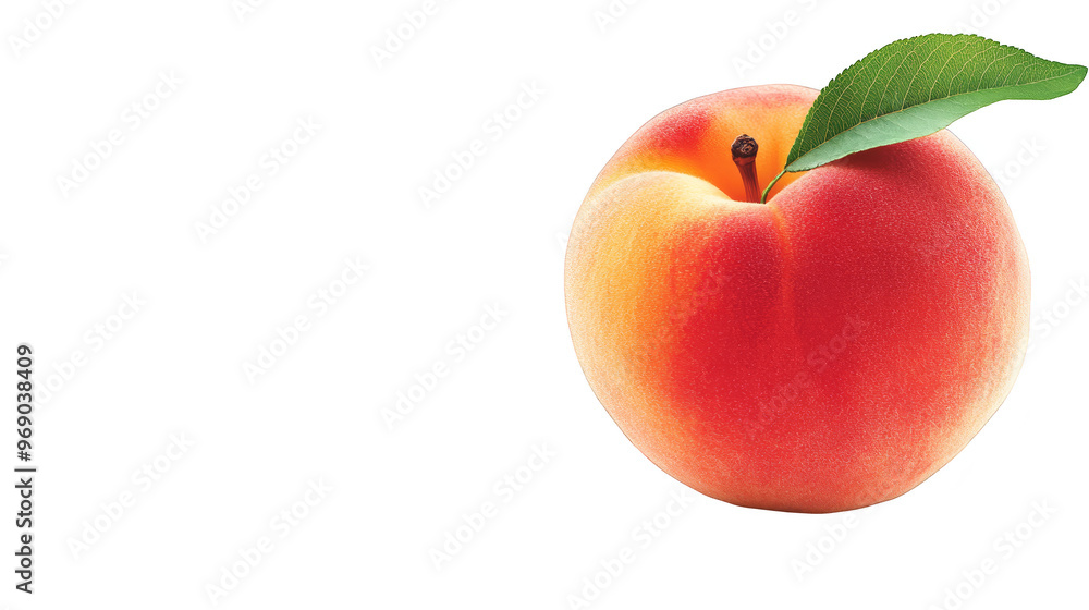 Wall mural fresh peach with green leaf on pixelated background