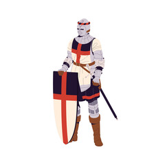 Medieval knight of Scotland with cross on shield. Ancient warrior in steel armor, helmet with sword. Historical soldier in armour with blade. Flat isolated vector illustration on white background