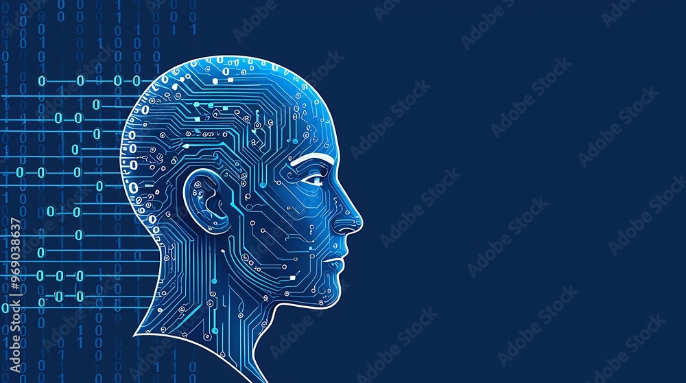 Poster futuristic digital illustration of a human head in profile, featuring intricate circuit patterns and
